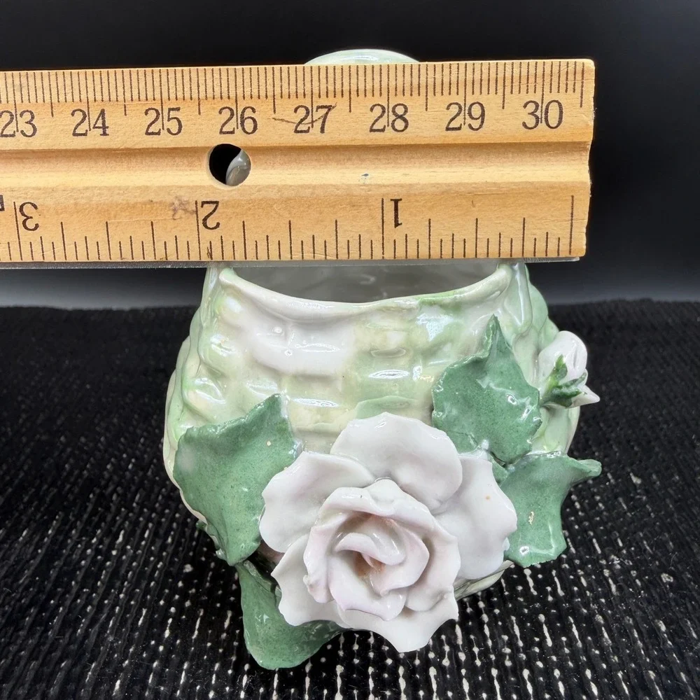 Vintage Germany Miniature Porcelain Flower Basket White Rose Figurine Delicate‎